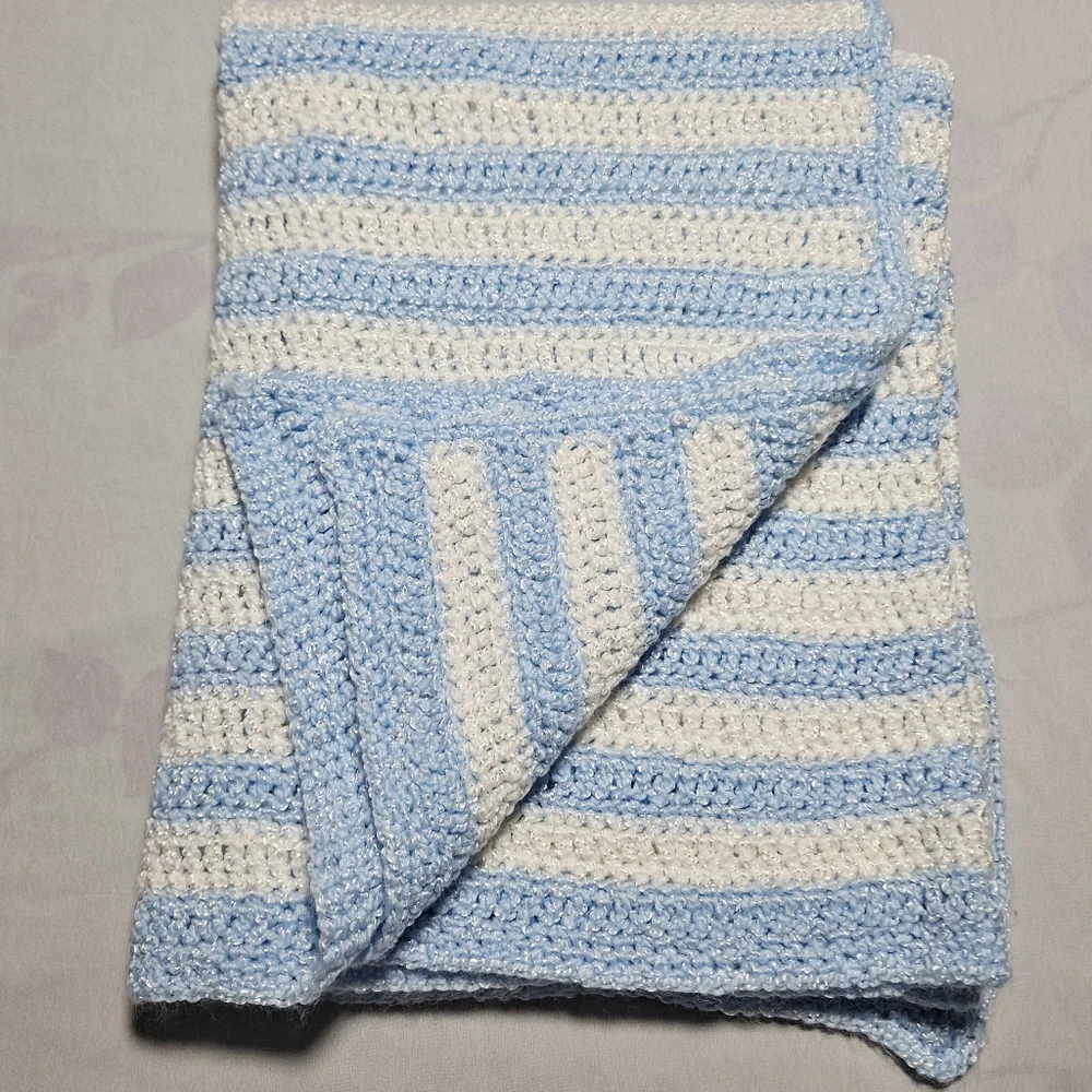 *New* Crochet  blue white stripe afghan baby throw blanket  approx. 34